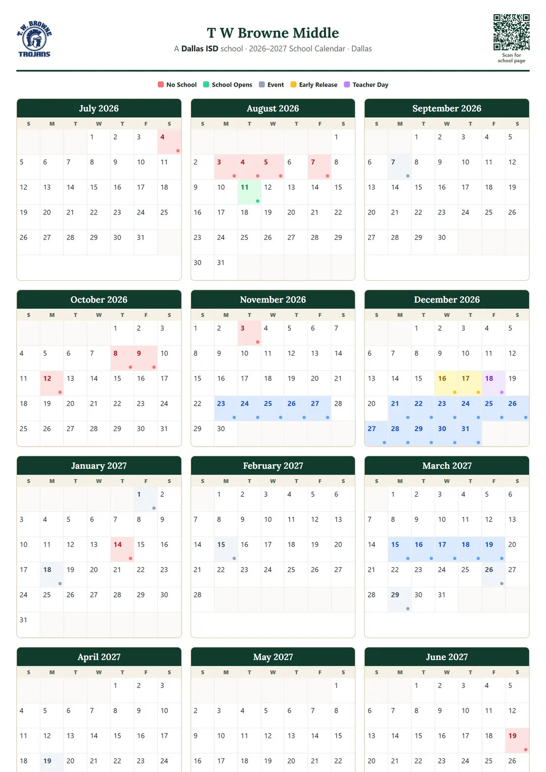 T W Browne Middle printable 2026–2027 calendar