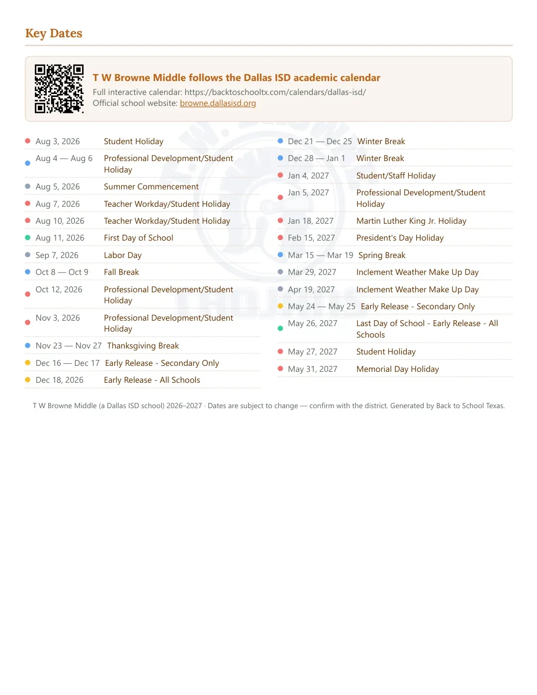 T W Browne Middle Calendar for the Year 26-27 — key dates