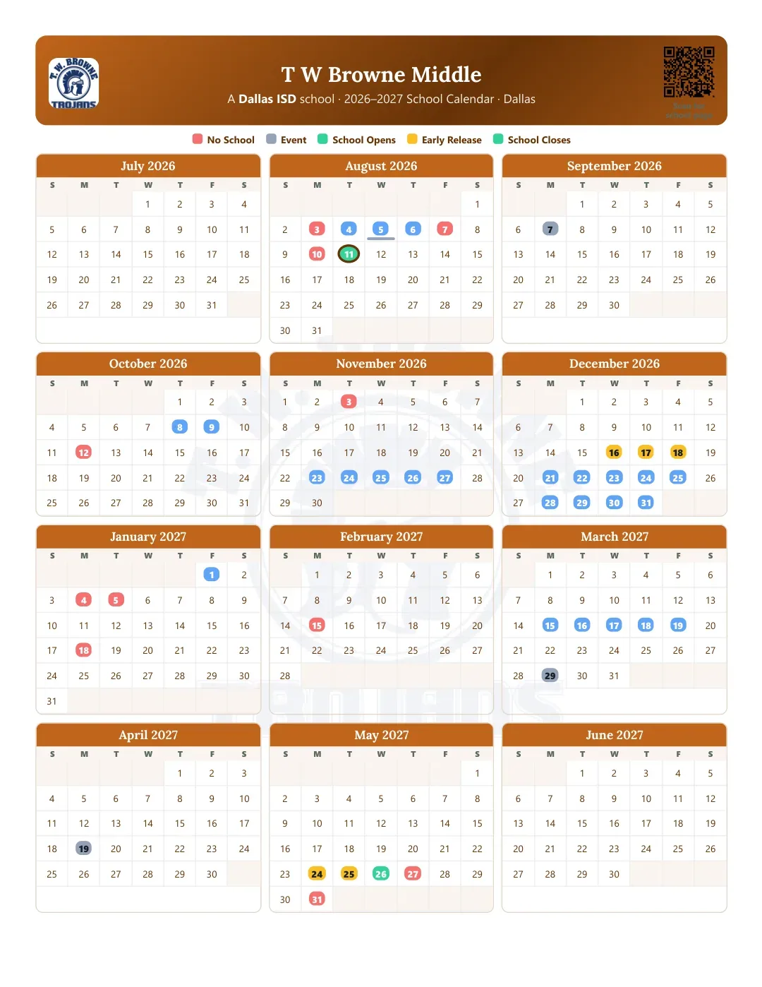 T W Browne Middle Calendar for the Year 26-27