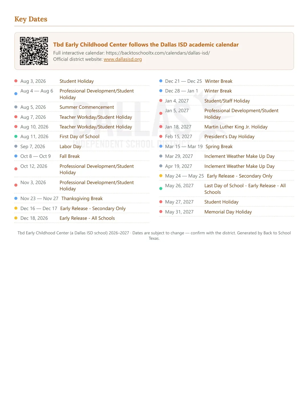 Tbd Early Childhood Center Calendar for the Year 26-27 — key dates