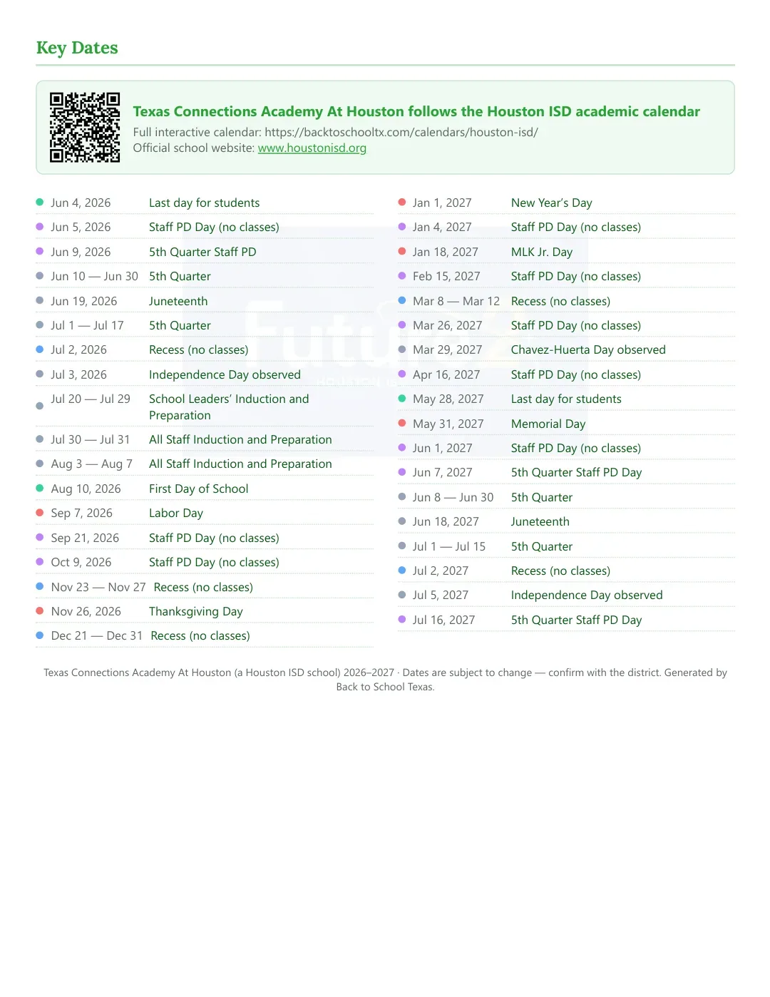 Texas Connections Academy At Houston Calendar for the Year 26-27 — key dates