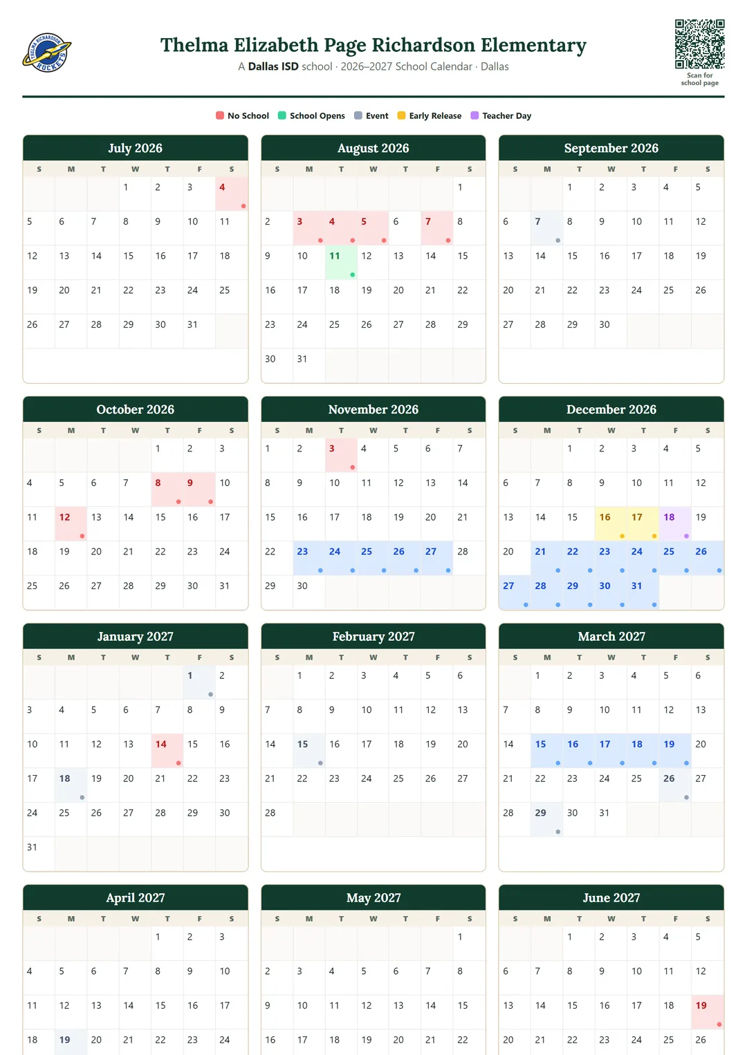 Thelma Elizabeth Page Richardson Elementary printable 2026–2027 calendar