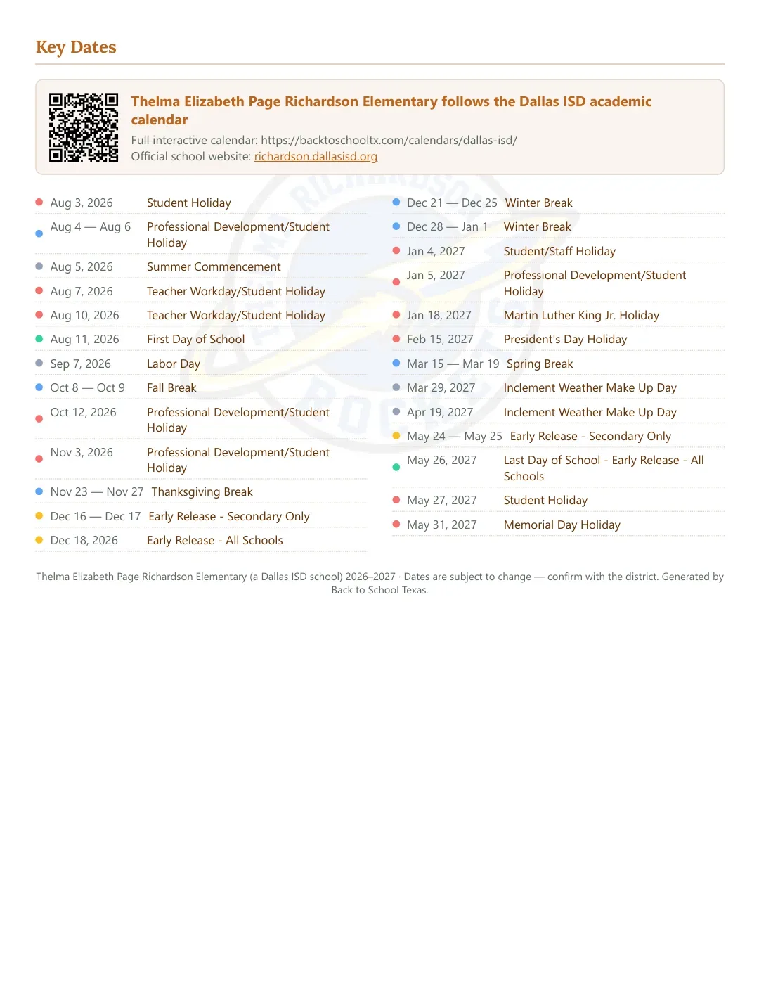 Thelma Elizabeth Page Richardson Elementary Calendar for the Year 26-27 — key dates