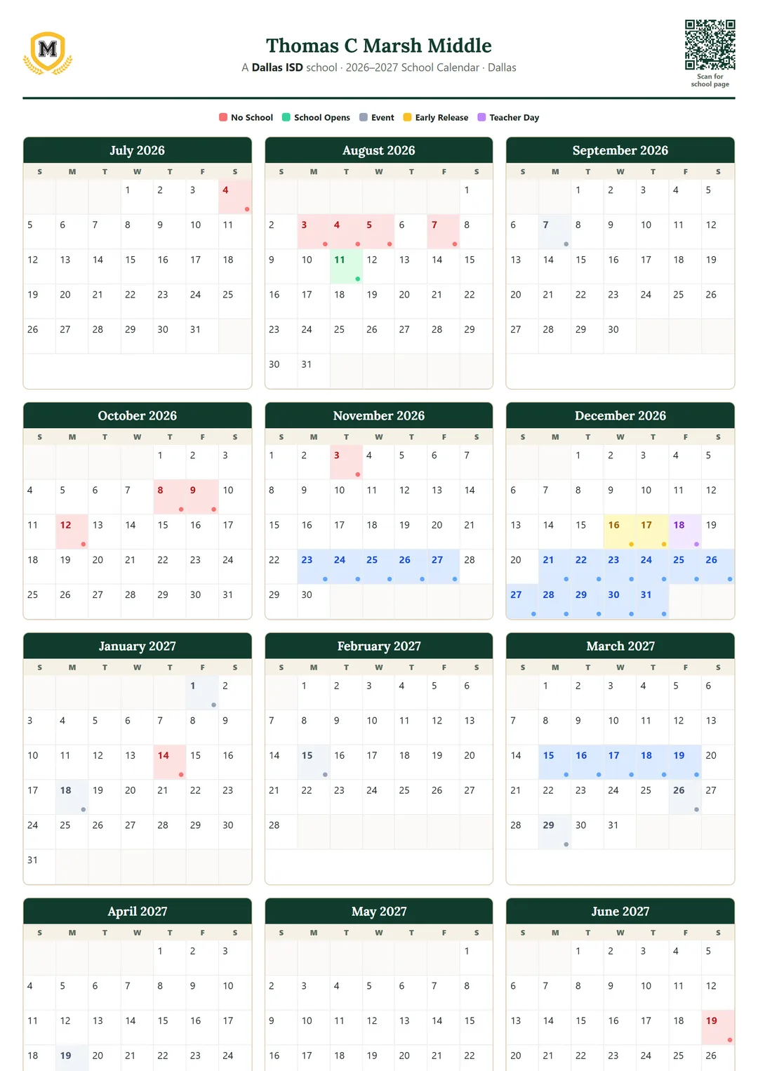 Thomas C Marsh Middle printable 2026–2027 calendar
