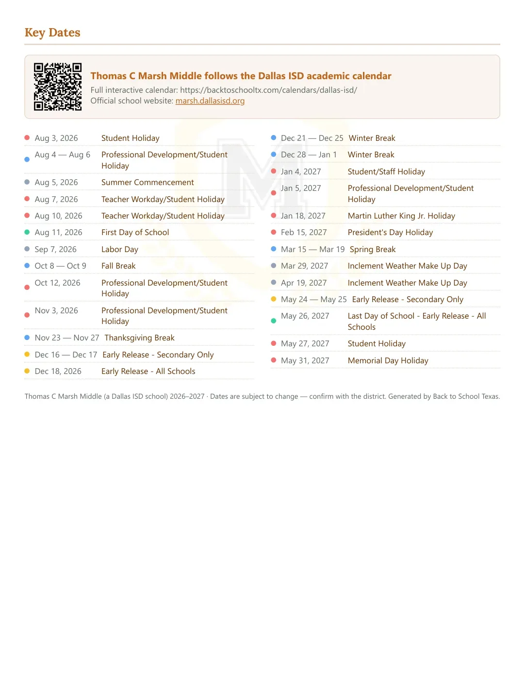 Thomas C Marsh Middle Calendar for the Year 26-27 — key dates