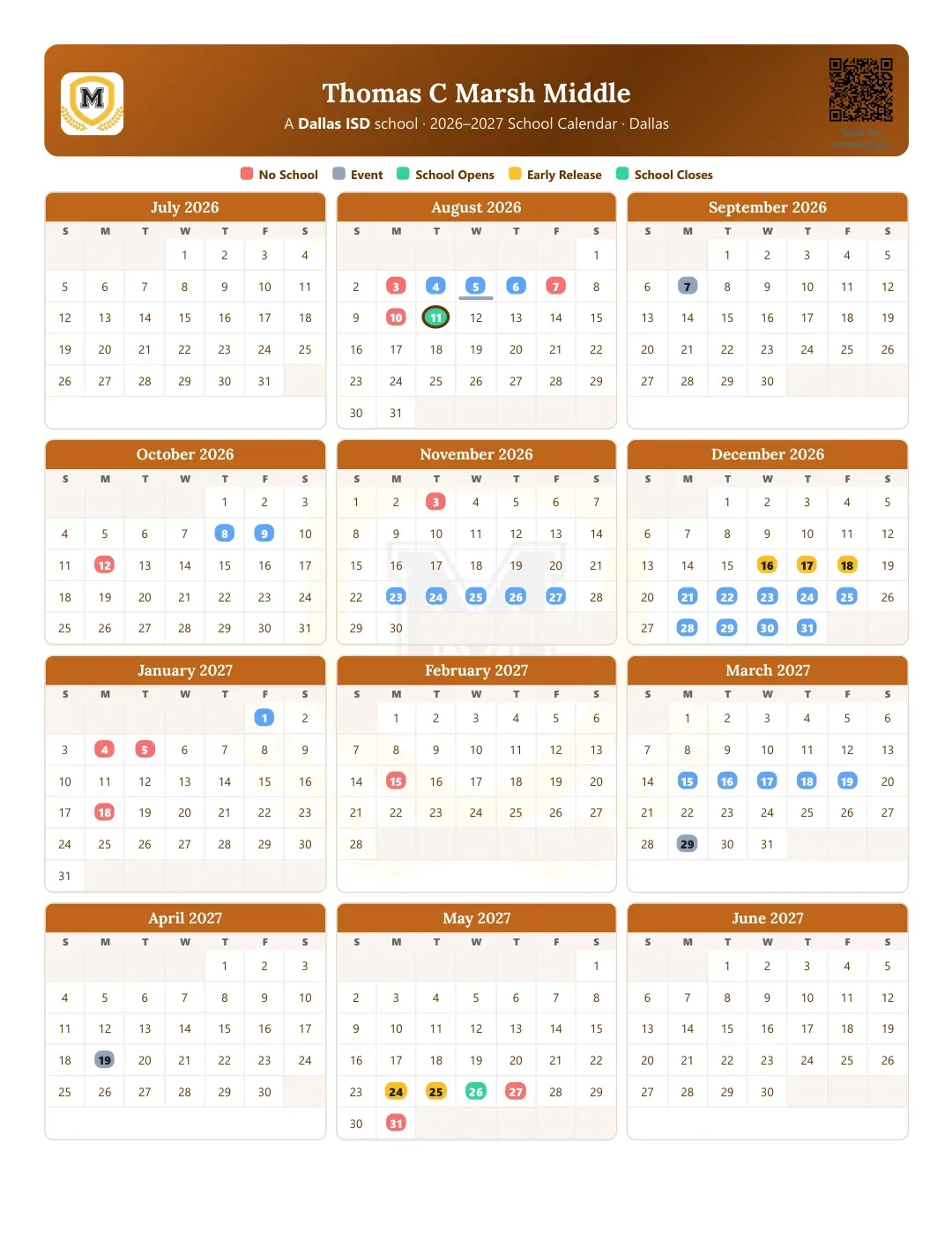 Thomas C Marsh Middle Calendar for the Year 26-27