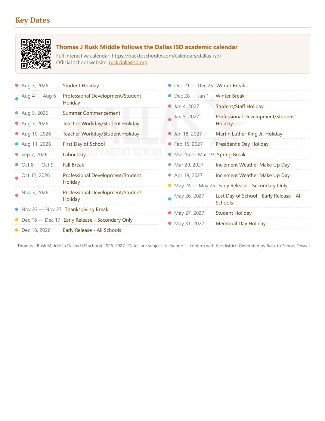 Thomas J Rusk Middle Calendar for the Year 26-27 — key dates