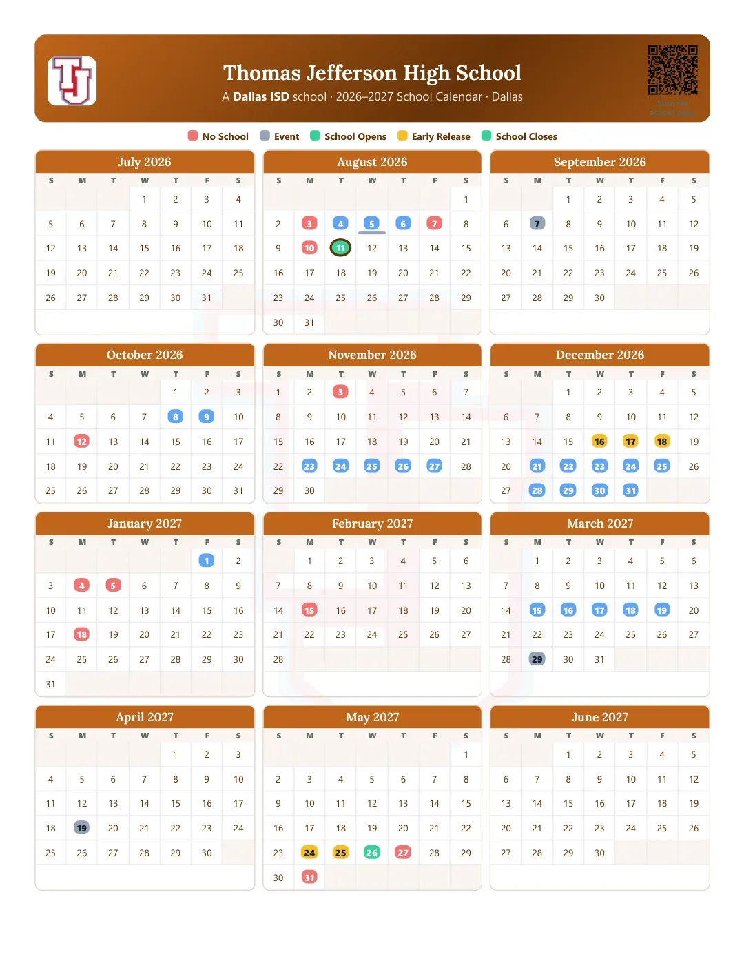 Thomas Jefferson High School Calendar for the Year 26-27