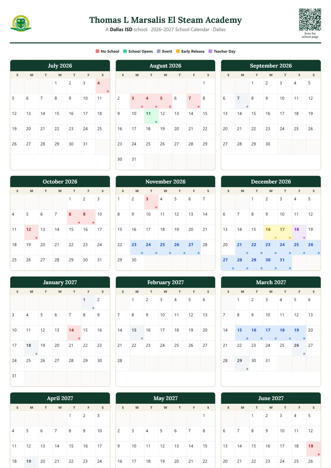 Thomas L Marsalis El Steam Academy printable 2026–2027 calendar
