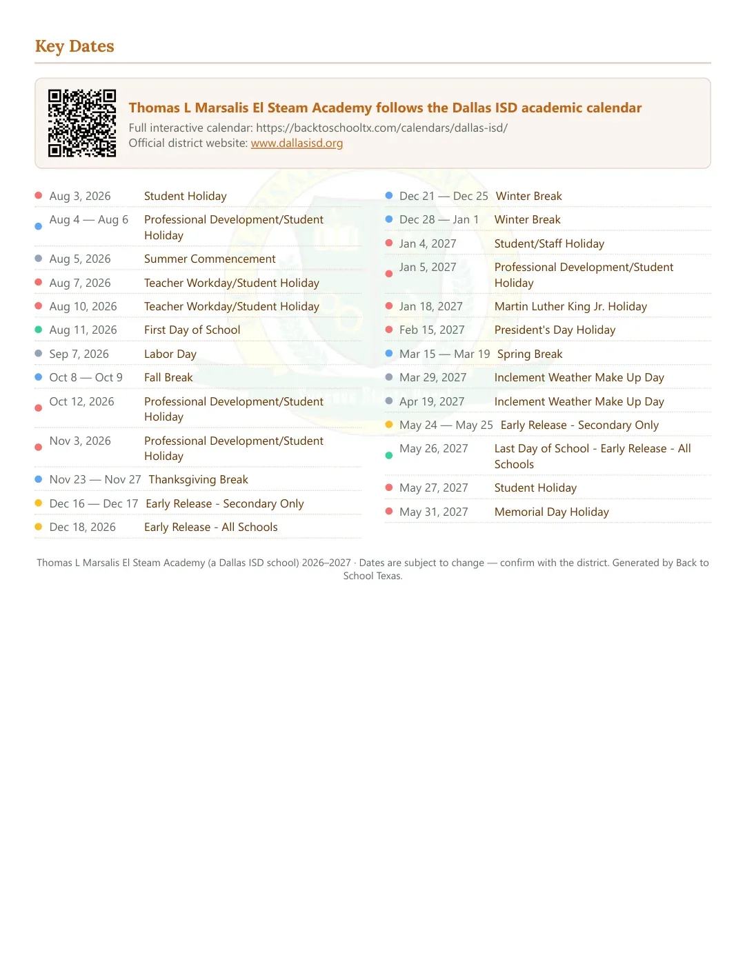 Thomas L Marsalis El Steam Academy Calendar for the Year 26-27 — key dates