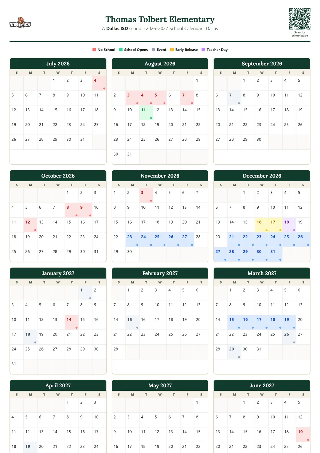 Thomas Tolbert Elementary printable 2026–2027 calendar
