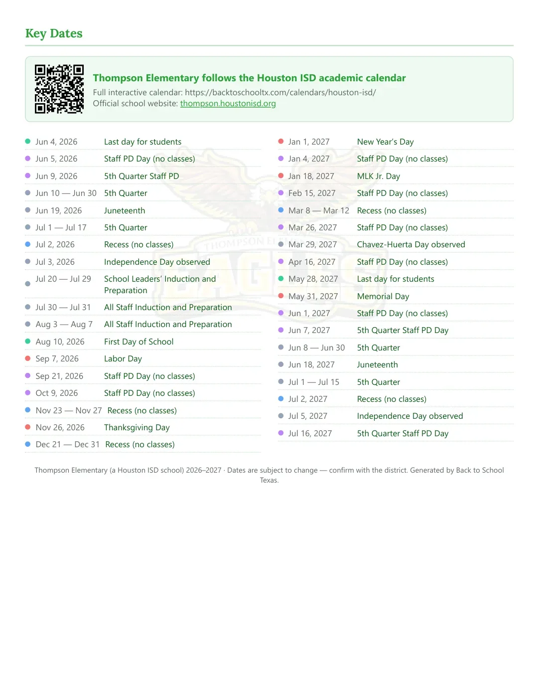 Thompson Elementary Calendar for the Year 26-27 — key dates