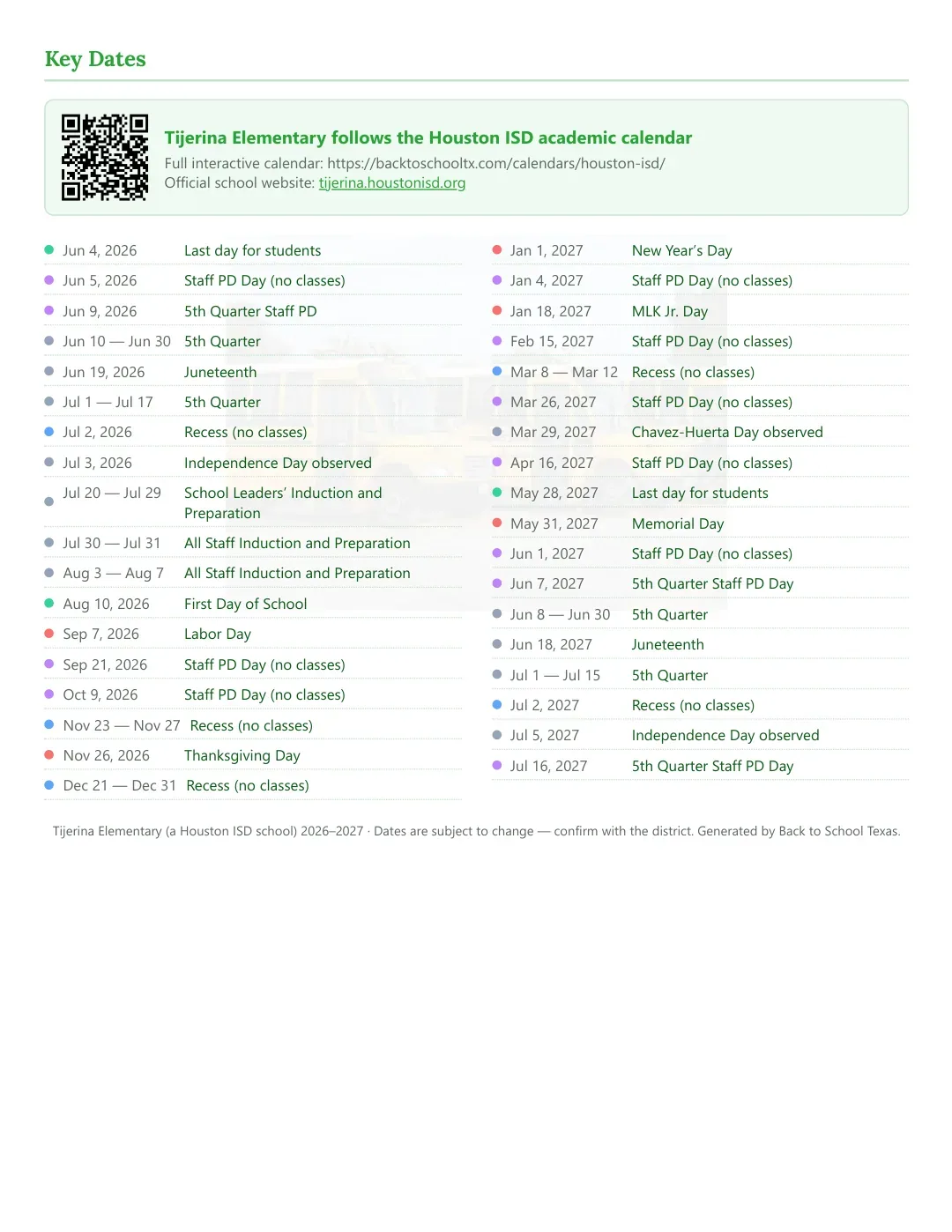 Tijerina Elementary Calendar for the Year 26-27 — key dates