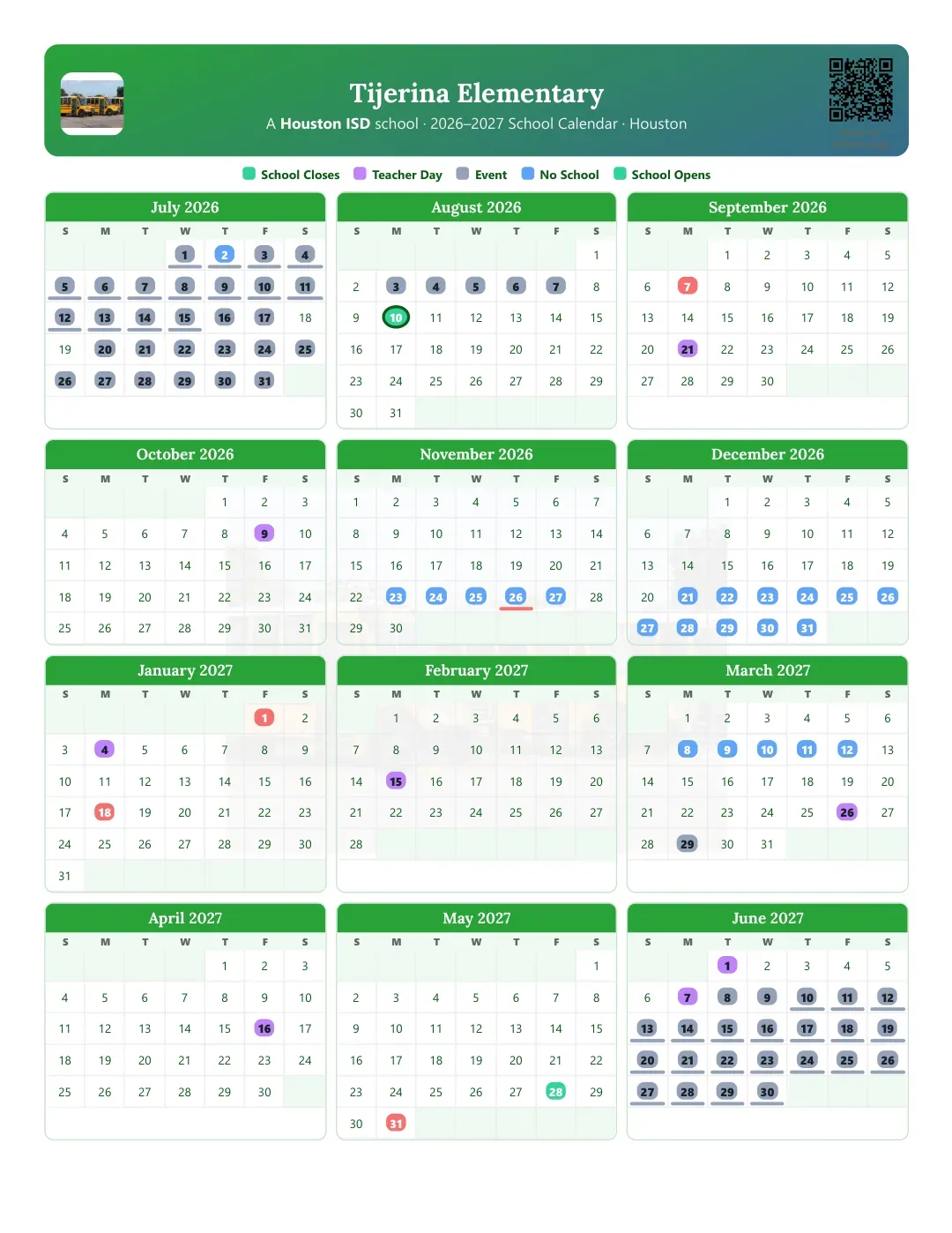 Tijerina Elementary Calendar for the Year 26-27
