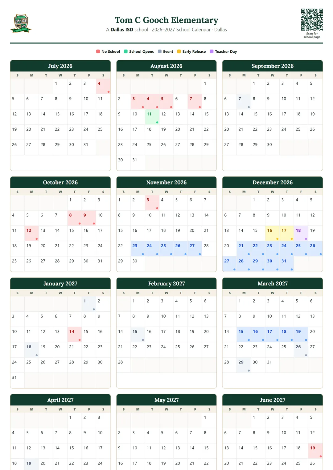 Tom C Gooch Elementary printable 2026–2027 calendar