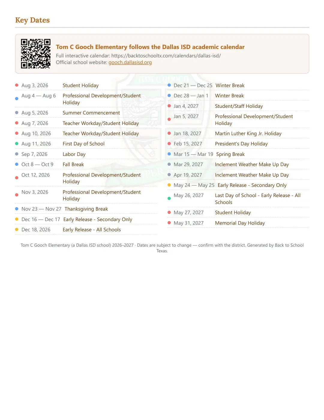 Tom C Gooch Elementary Calendar for the Year 26-27 — key dates