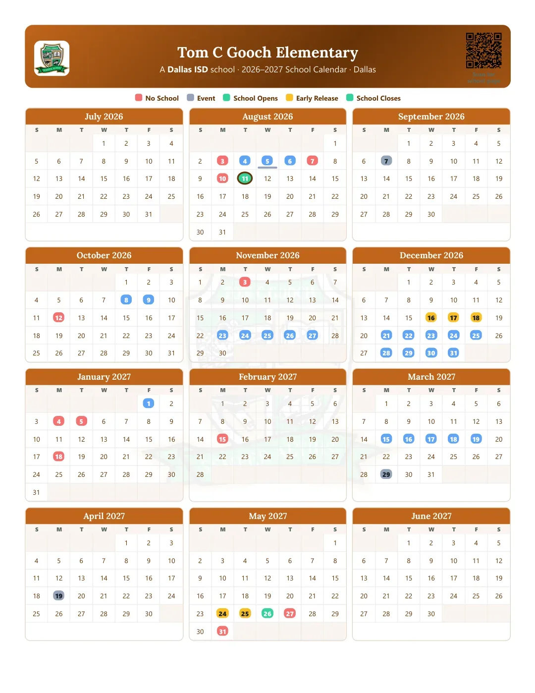 Tom C Gooch Elementary Calendar for the Year 26-27