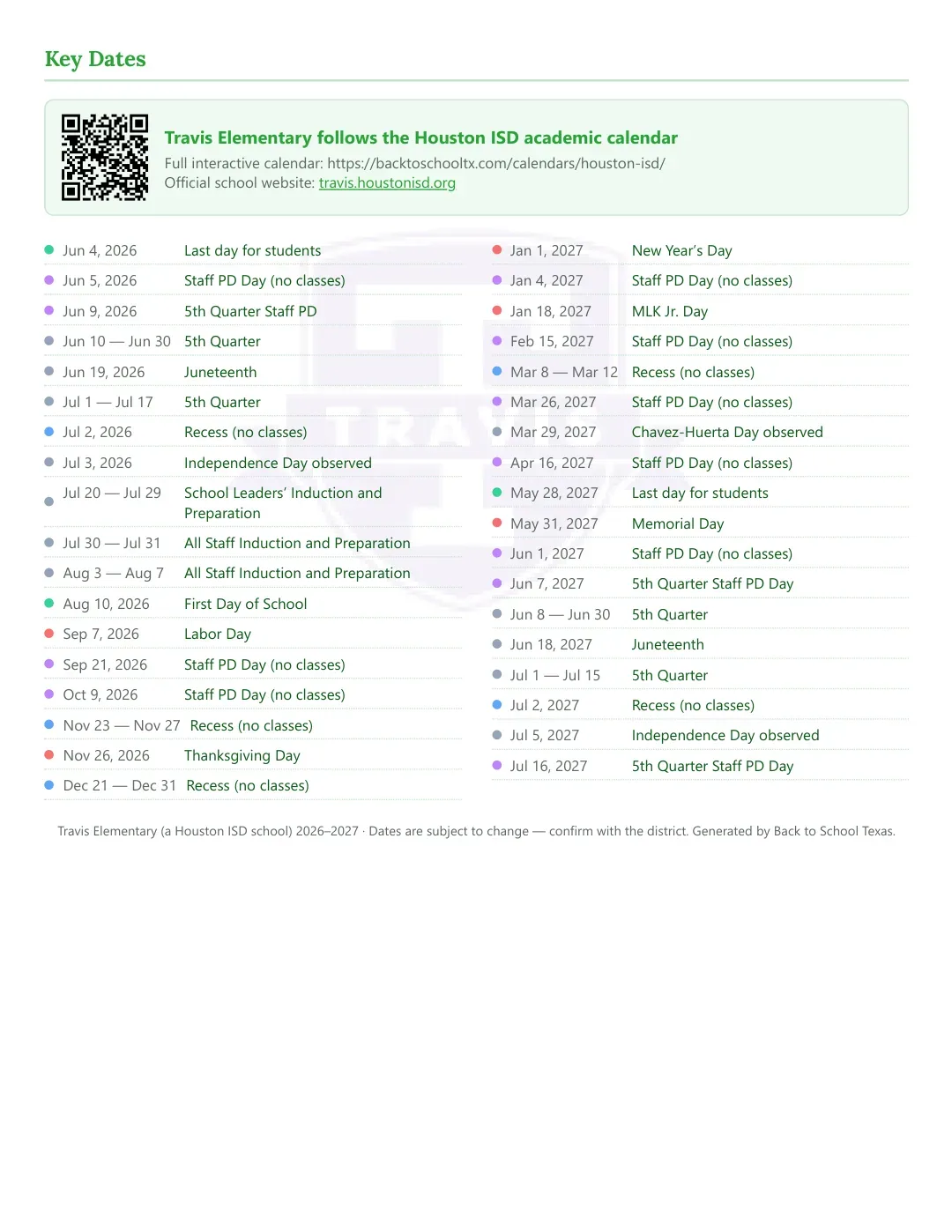 Travis Elementary Calendar for the Year 26-27 — key dates