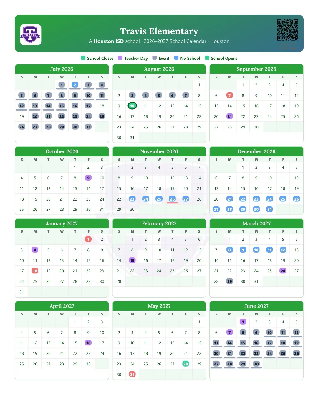 Travis Elementary Calendar for the Year 26-27