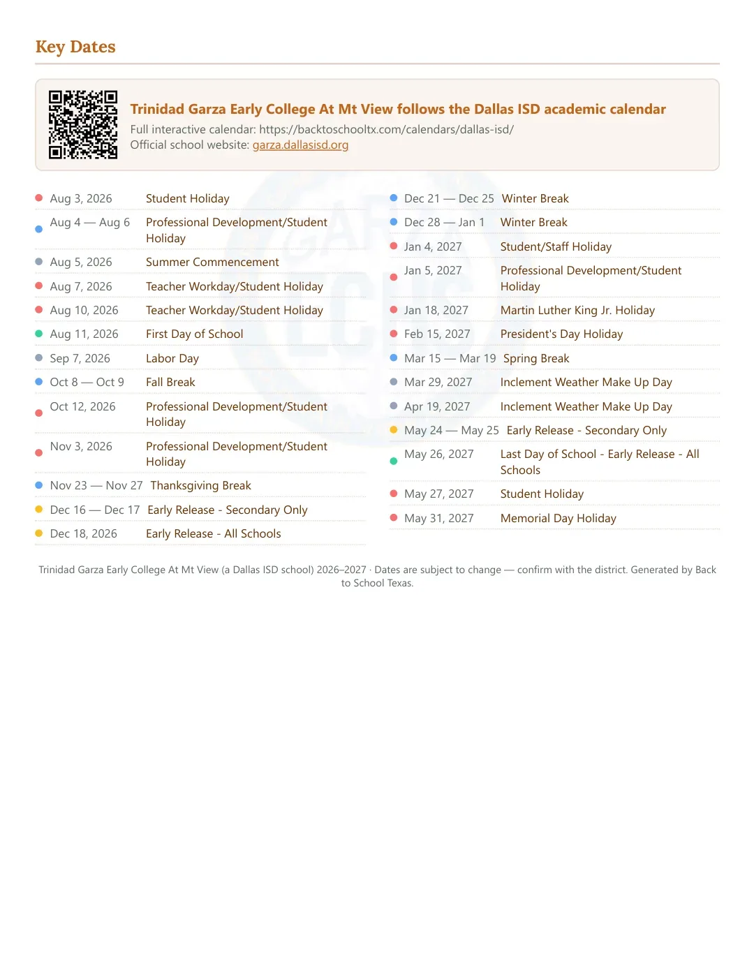 Trinidad Garza Early College At Mt View Calendar for the Year 26-27 — key dates