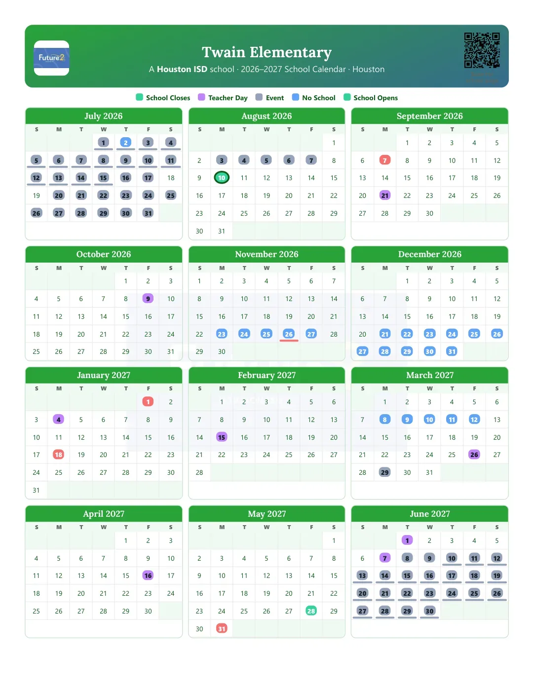 Twain Elementary Calendar for the Year 26-27