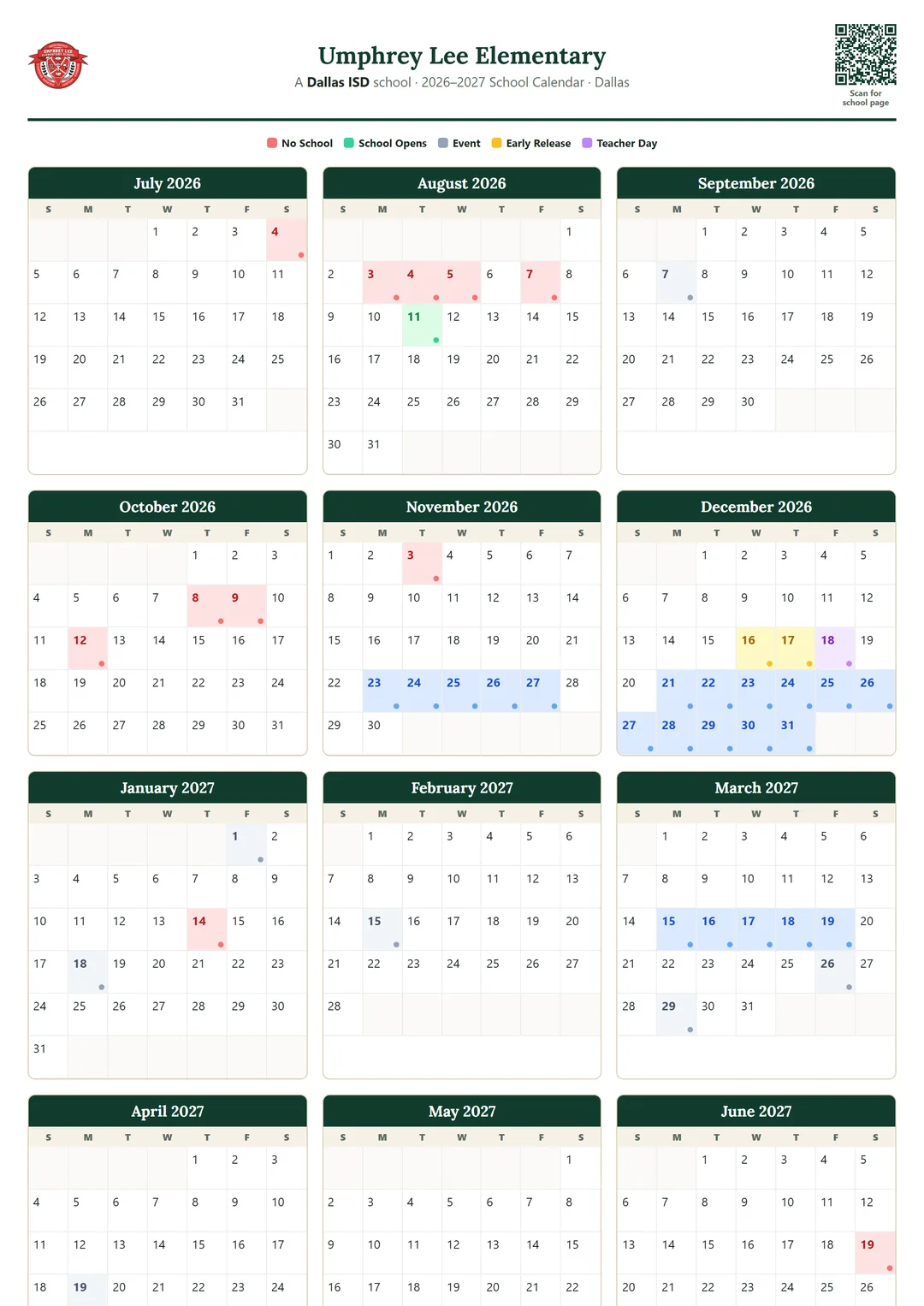 Umphrey Lee Elementary printable 2026–2027 calendar