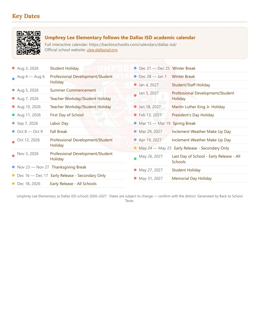 Umphrey Lee Elementary Calendar for the Year 26-27 — key dates
