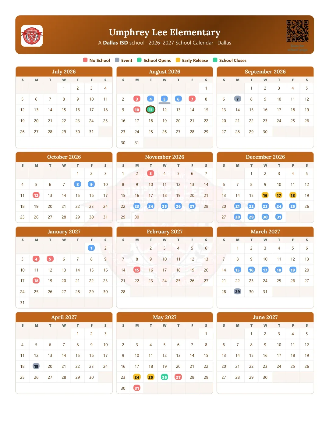 Umphrey Lee Elementary Calendar for the Year 26-27