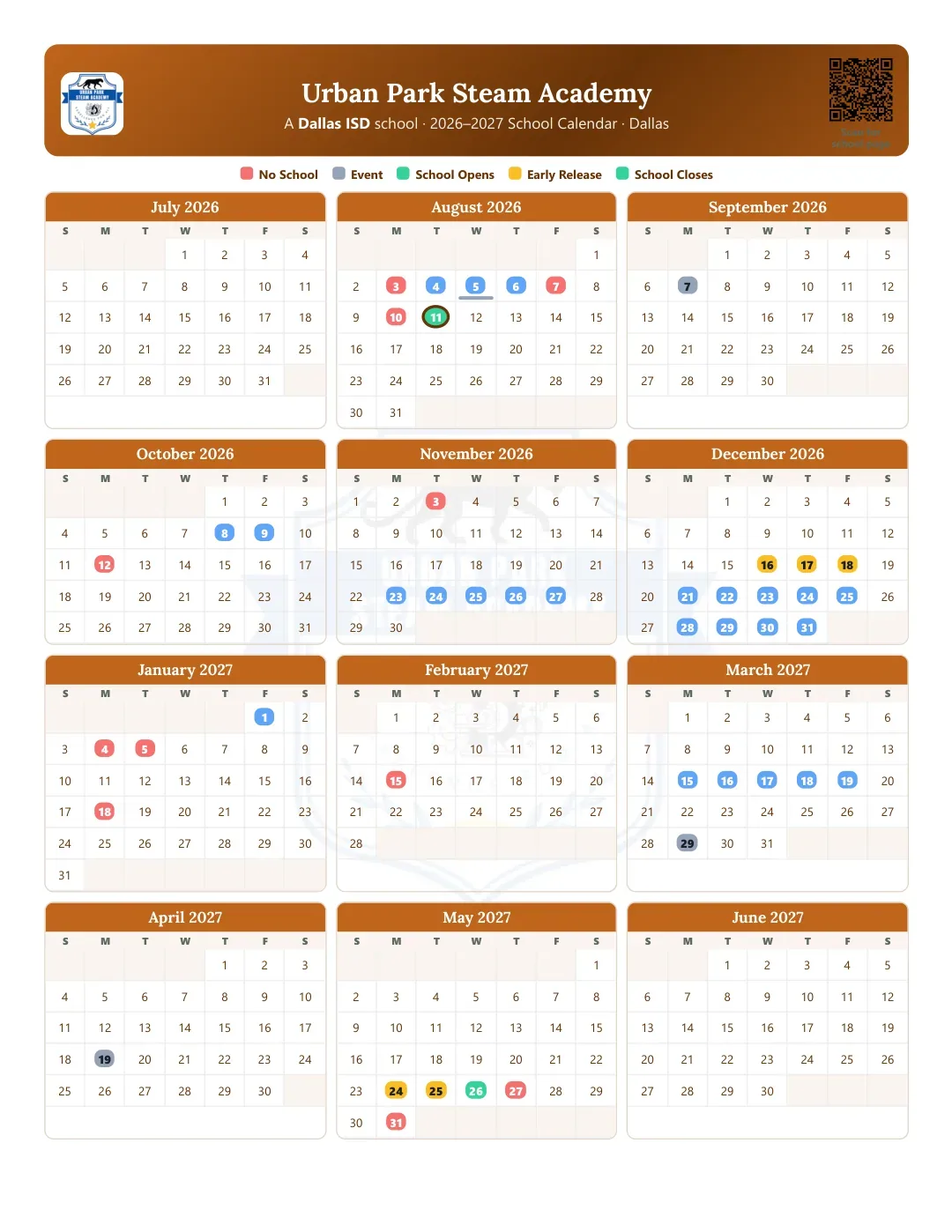 Urban Park Steam Academy Calendar for the Year 26-27