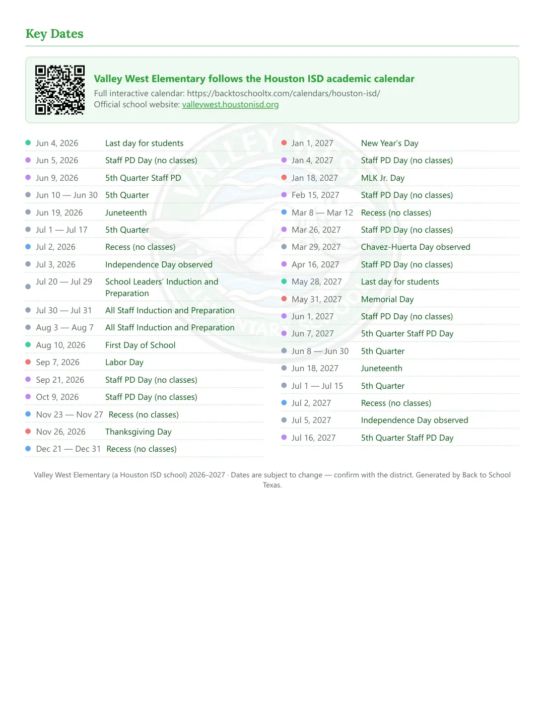 Valley West Elementary Calendar for the Year 26-27 — key dates