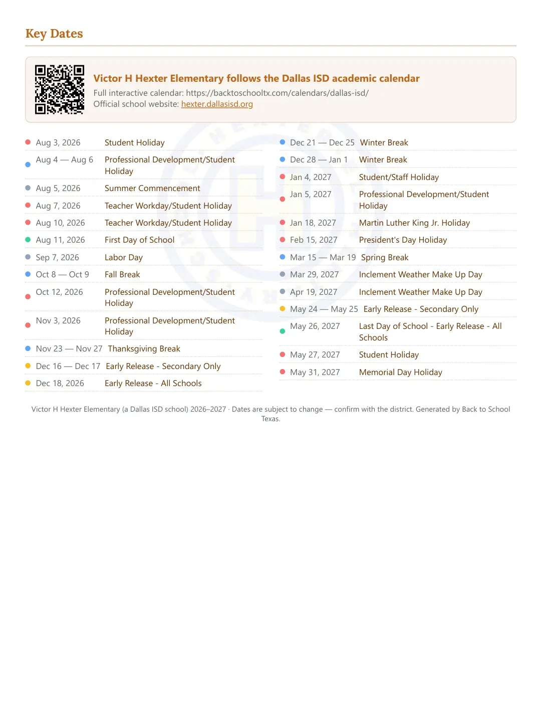 Victor H Hexter Elementary Calendar for the Year 26-27 — key dates