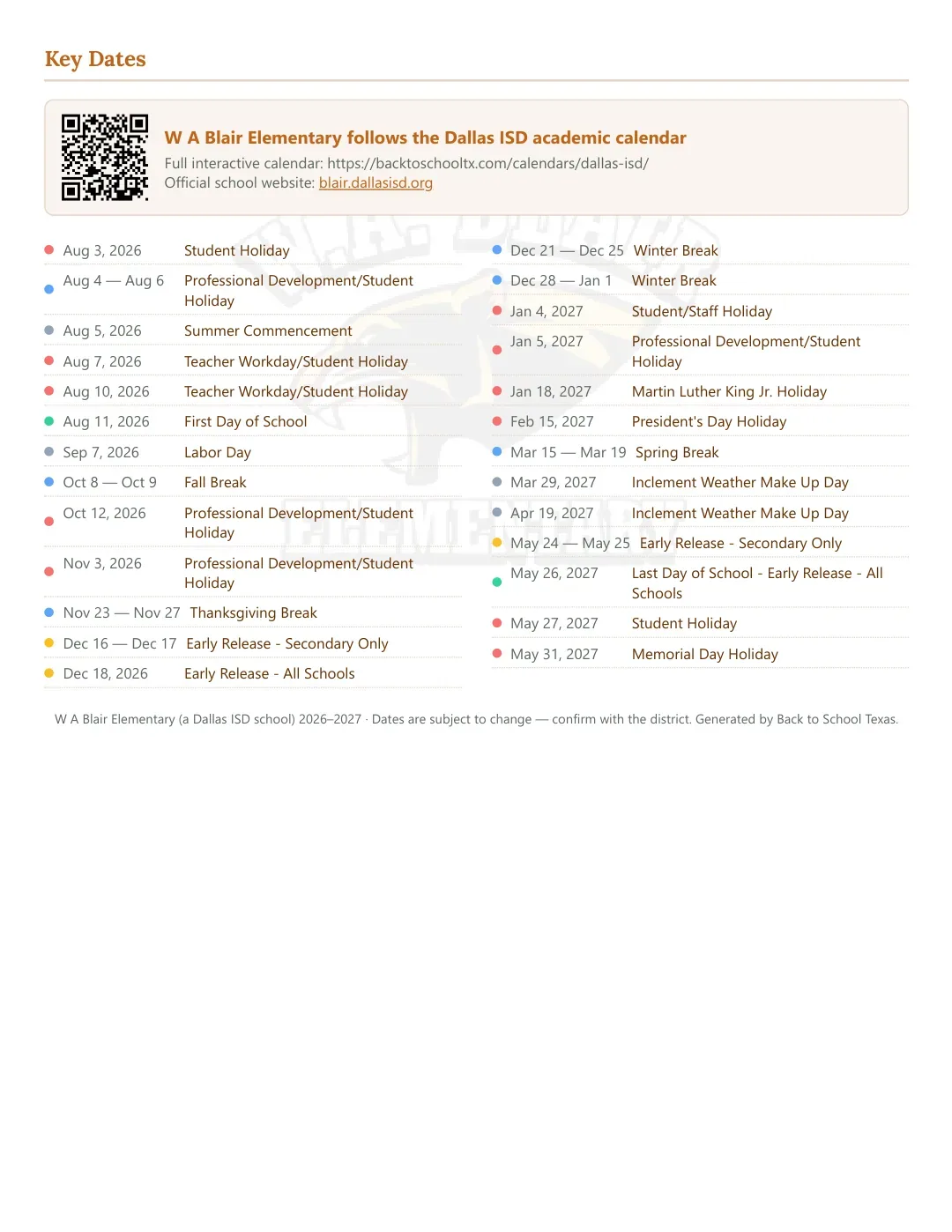 W A Blair Elementary Calendar for the Year 26-27 — key dates