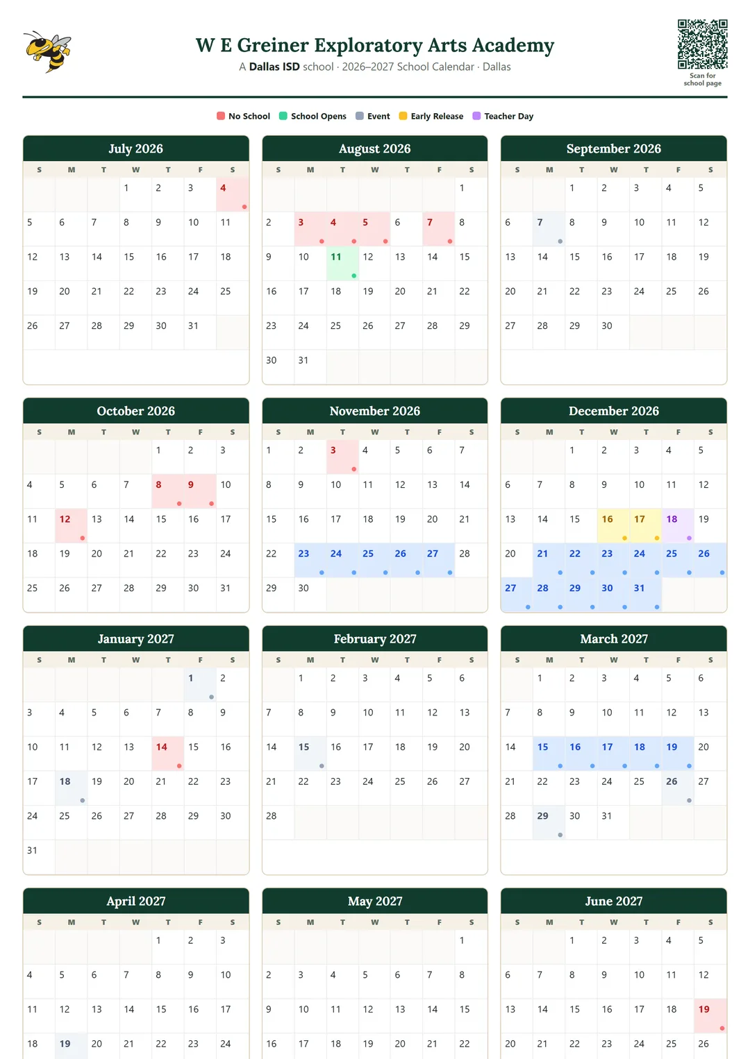W E Greiner Exploratory Arts Academy printable 2026–2027 calendar