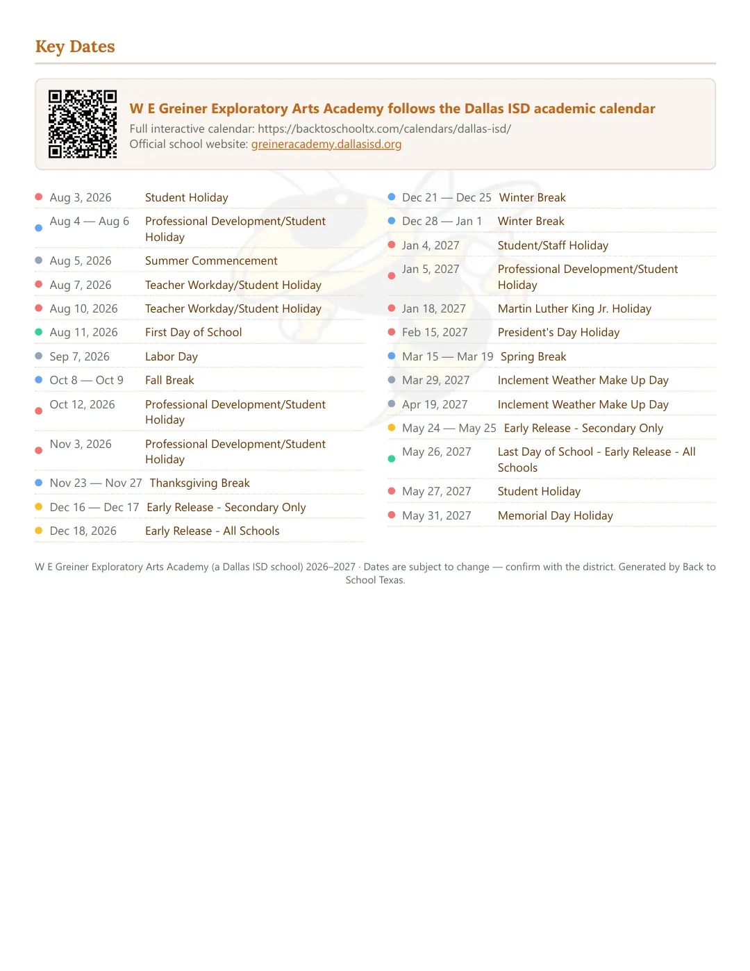 W E Greiner Exploratory Arts Academy Calendar for the Year 26-27 — key dates