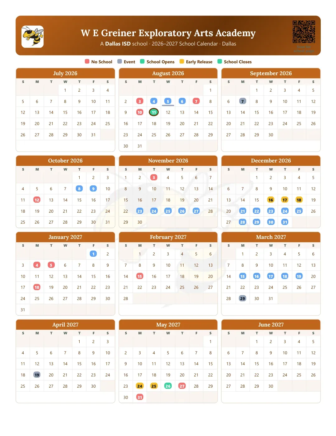 W E Greiner Exploratory Arts Academy Calendar for the Year 26-27