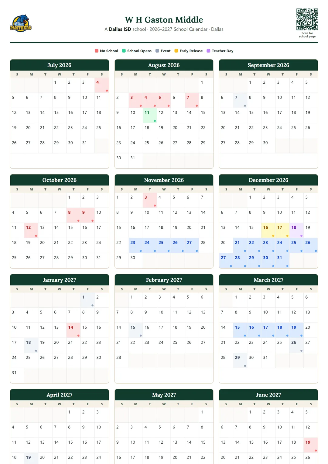 W H Gaston Middle printable 2026–2027 calendar