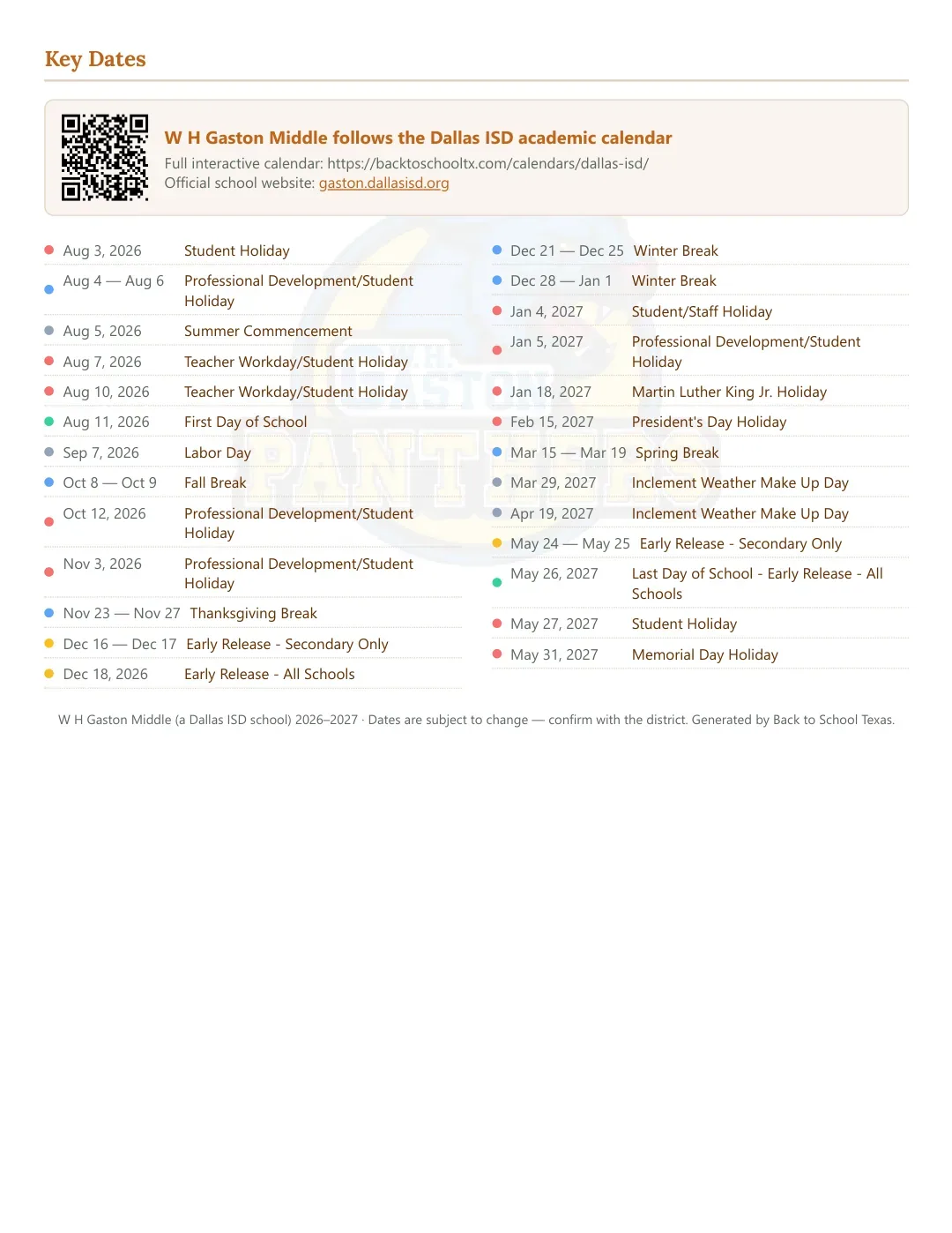 W H Gaston Middle Calendar for the Year 26-27 — key dates