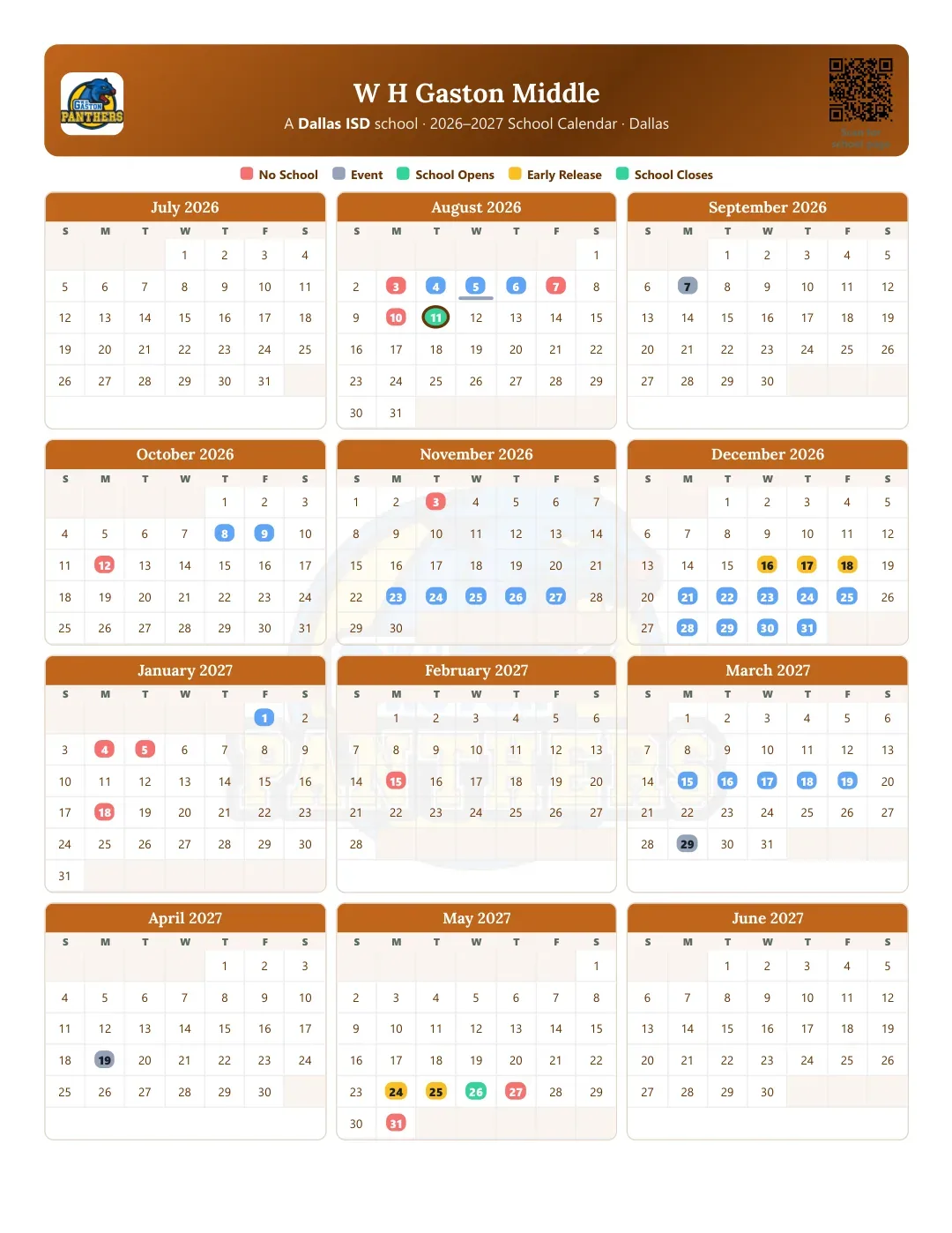 W H Gaston Middle Calendar for the Year 26-27