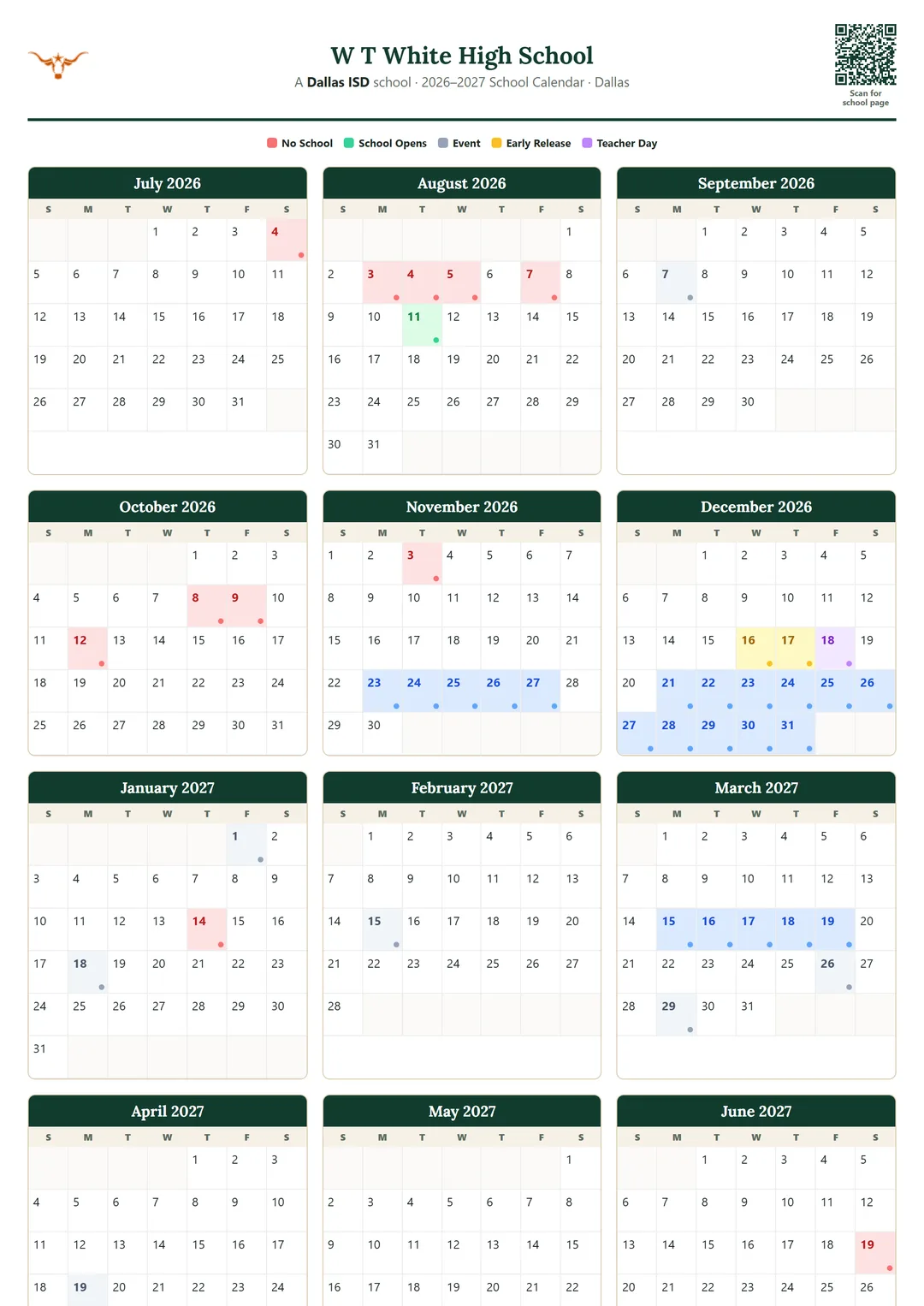 W T White High School printable 2026–2027 calendar
