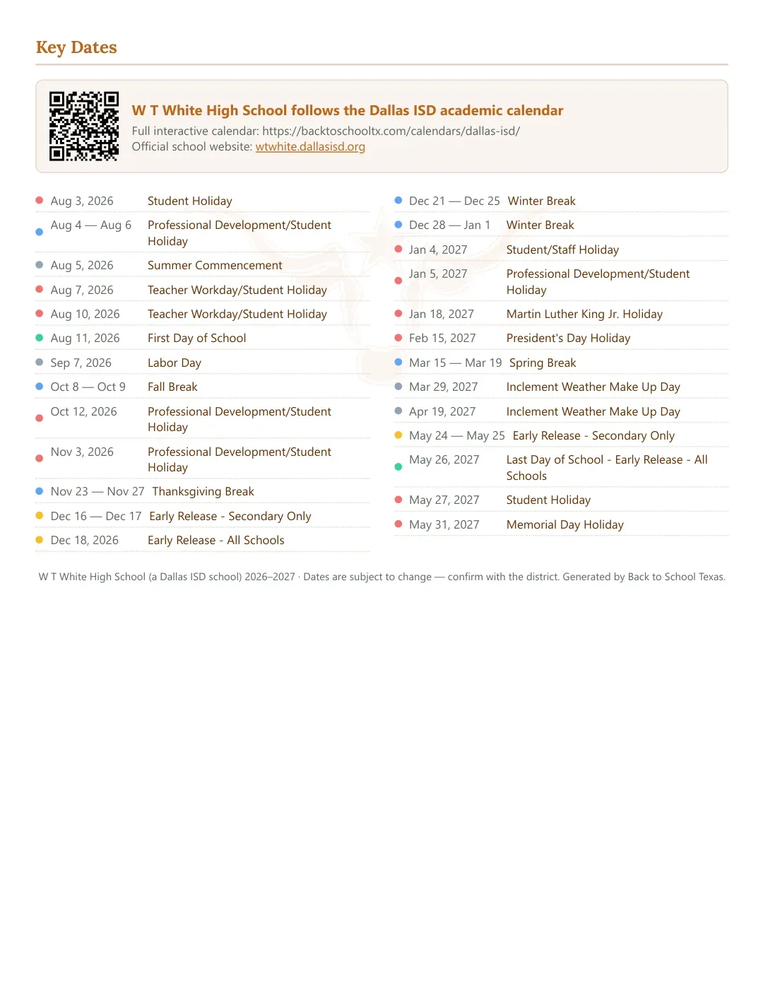 W T White High School Calendar for the Year 26-27 — key dates