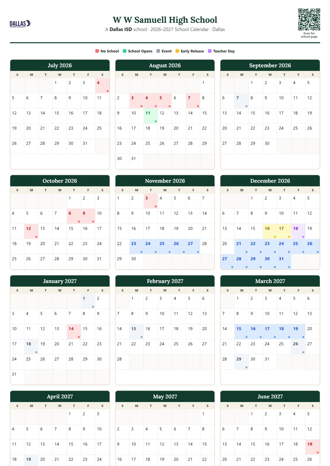 W W Samuell High School printable 2026–2027 calendar