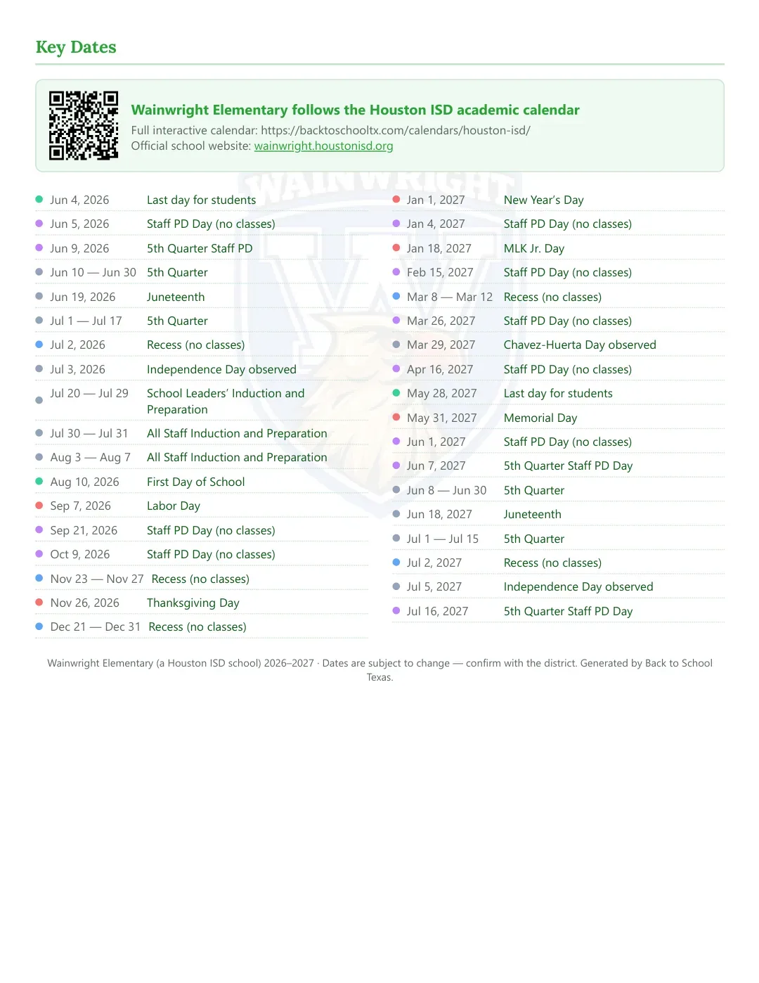 Wainwright Elementary Calendar for the Year 26-27 — key dates