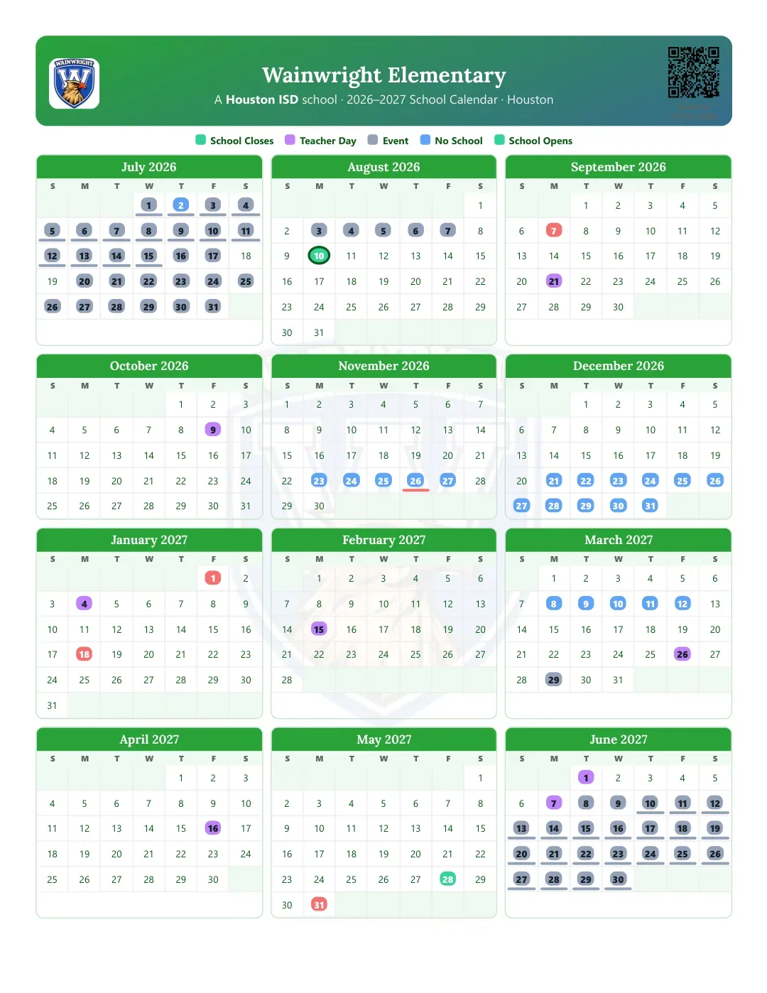 Wainwright Elementary Calendar for the Year 26-27