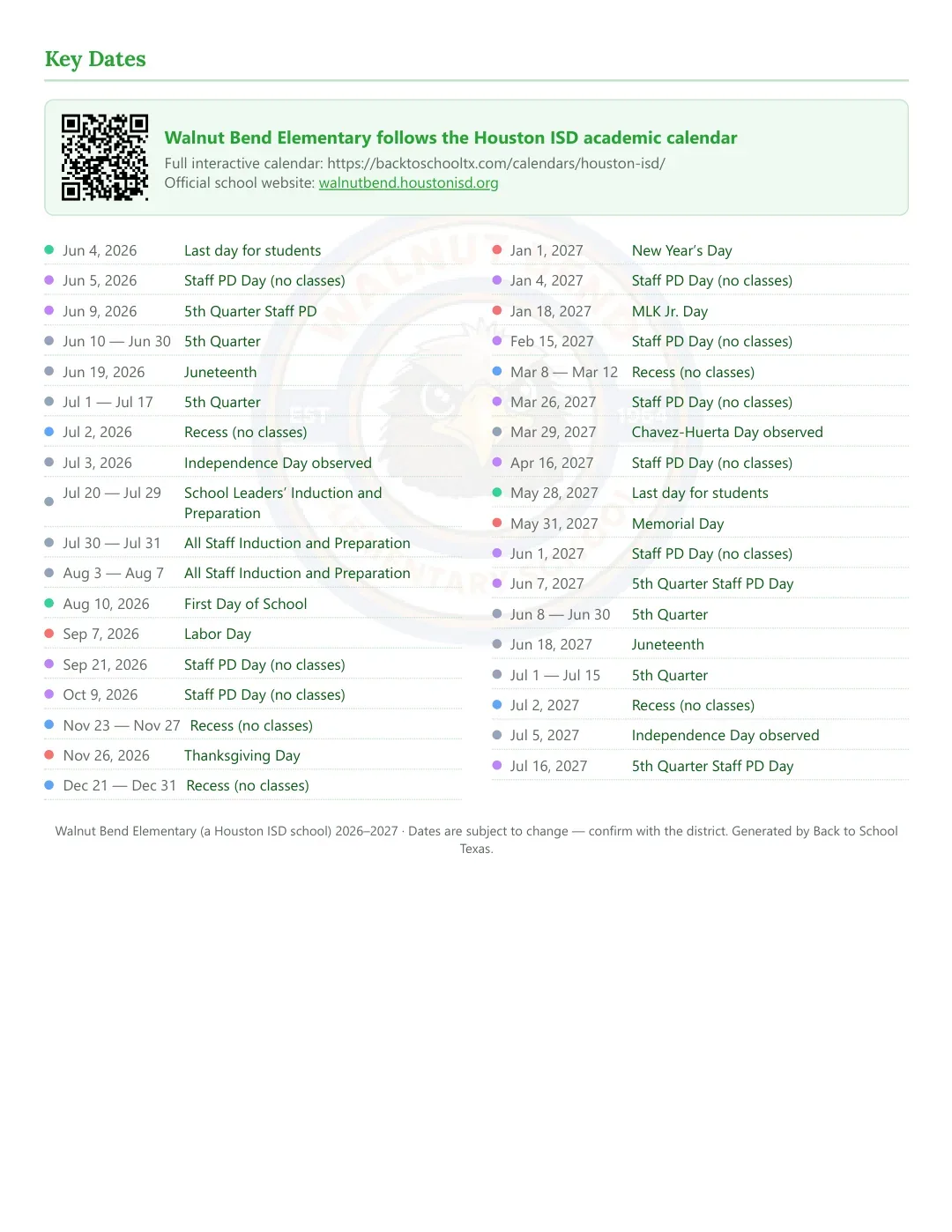 Walnut Bend Elementary Calendar for the Year 26-27 — key dates