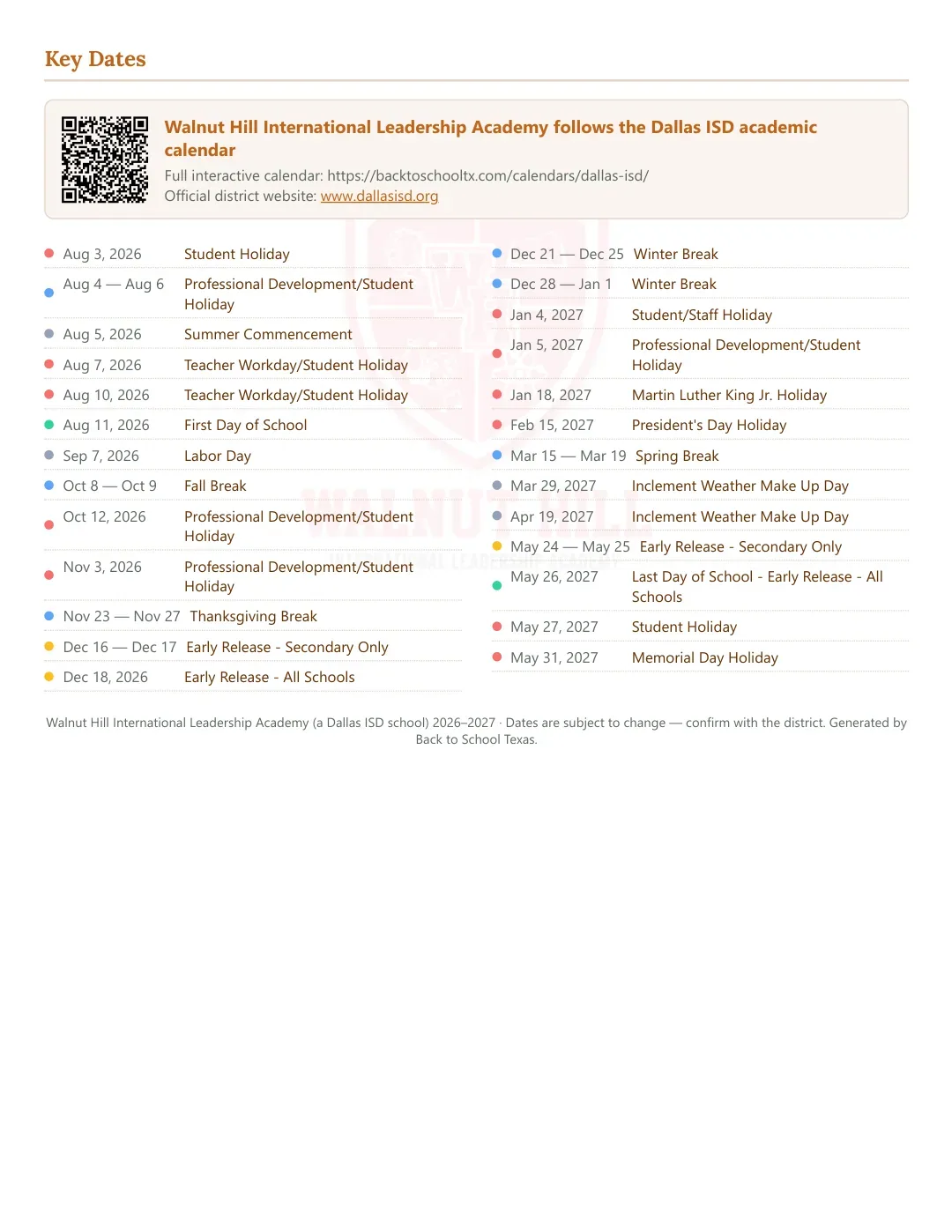 Walnut Hill International Leadership Academy Calendar for the Year 26-27 — key dates