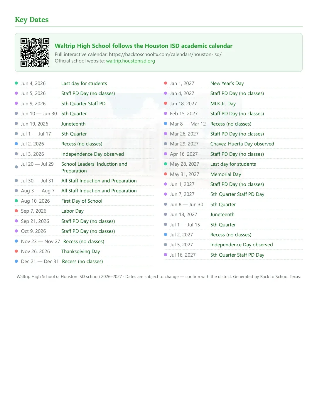 Waltrip High School Calendar for the Year 26-27 — key dates