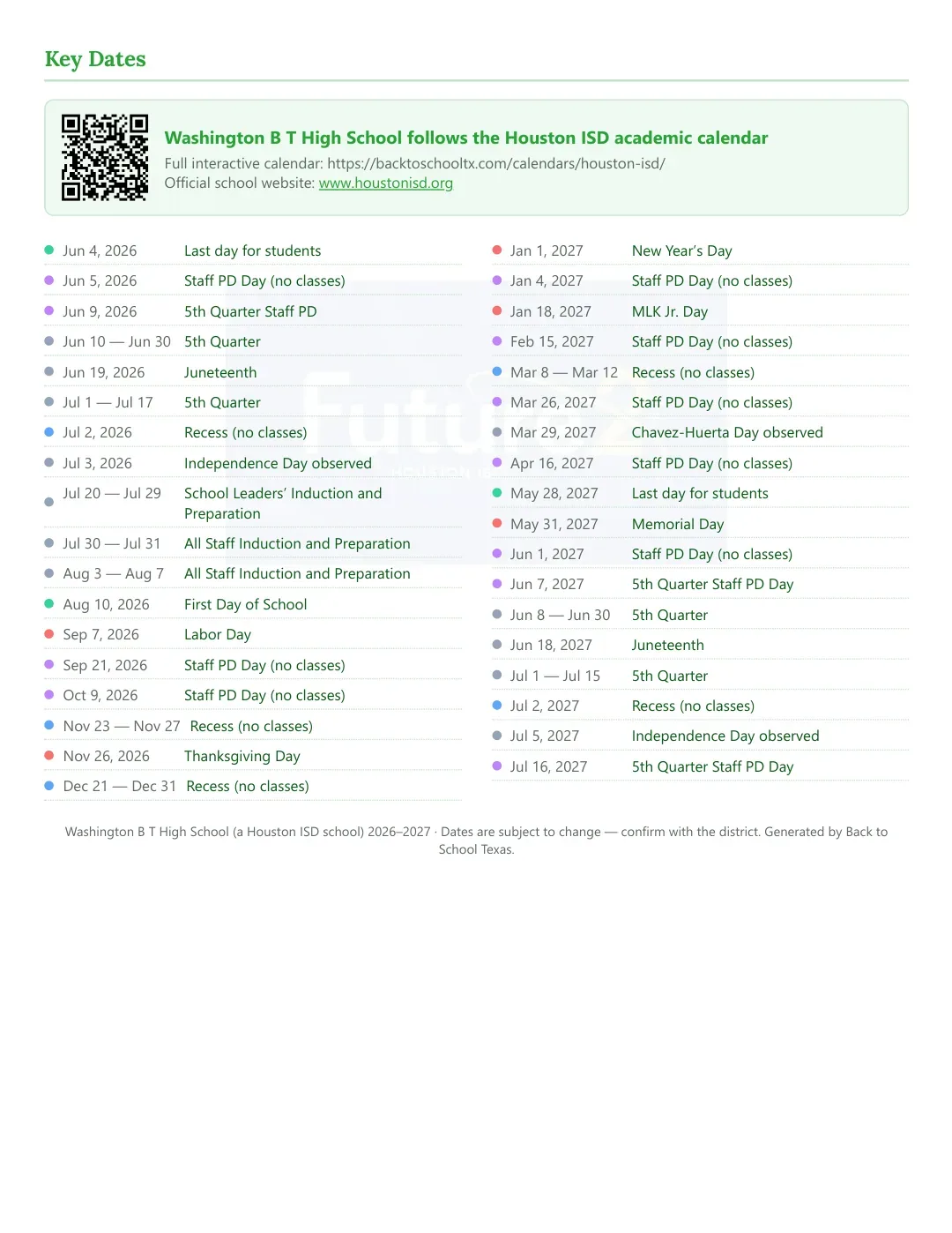 Washington B T High School Calendar for the Year 26-27 — key dates