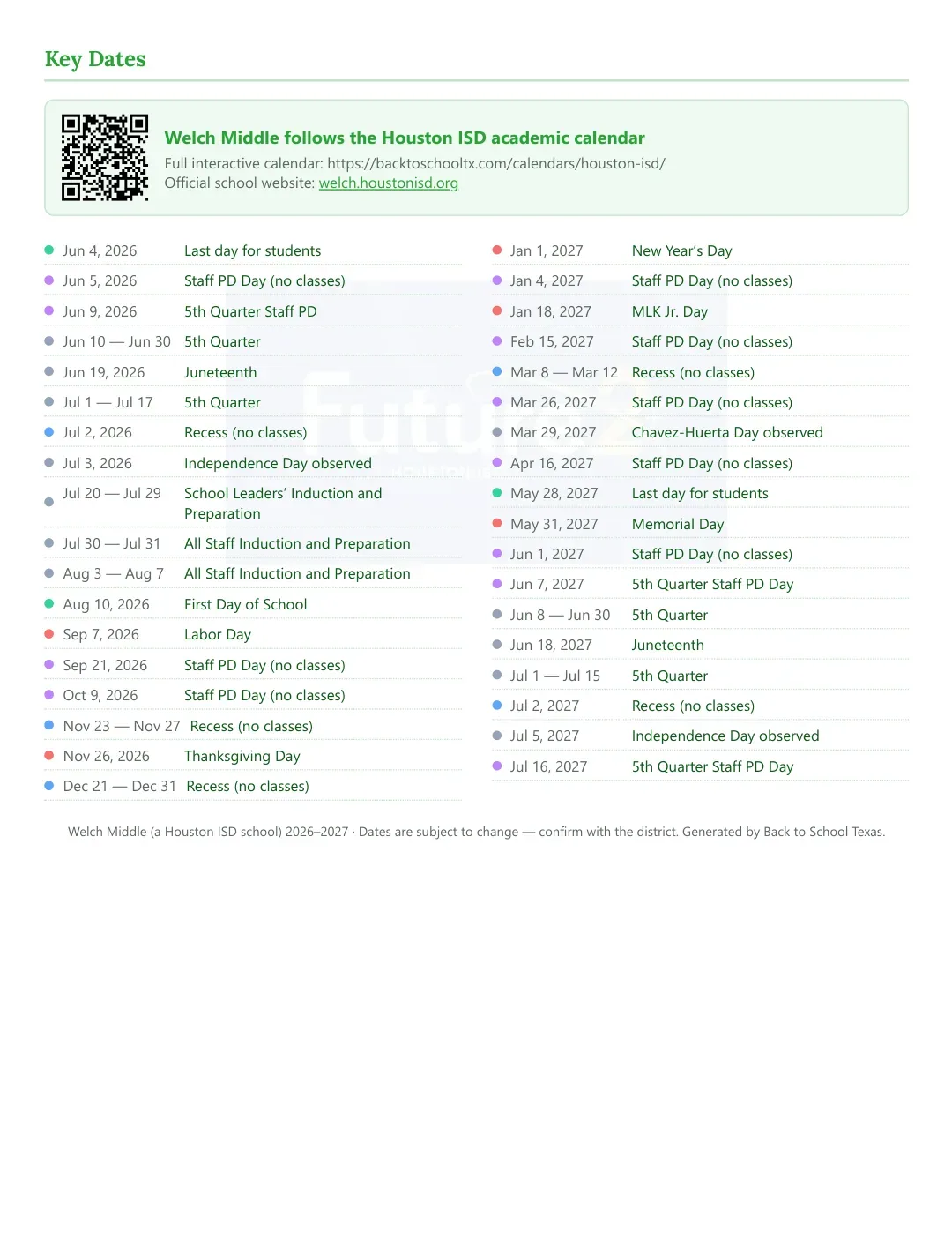 Welch Middle Calendar for the Year 26-27 — key dates