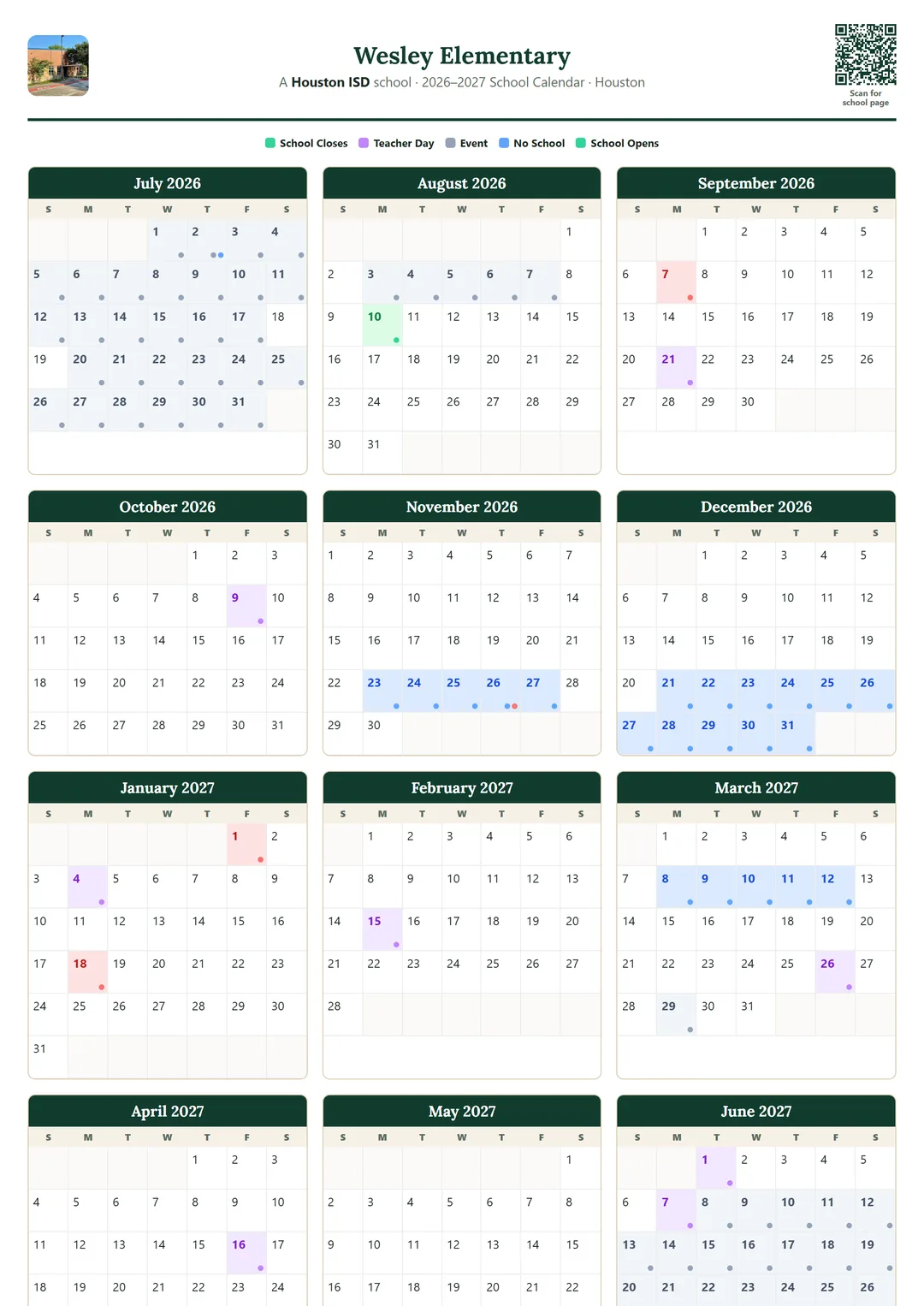 Wesley Elementary printable 2026–2027 calendar