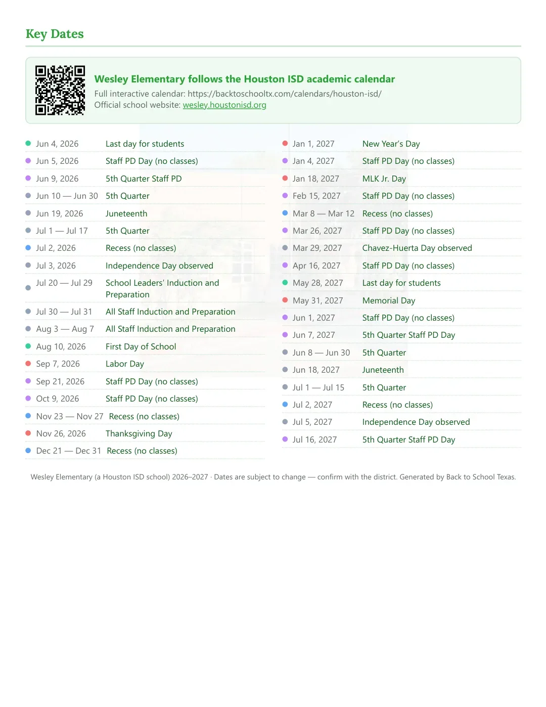 Wesley Elementary Calendar for the Year 26-27 — key dates